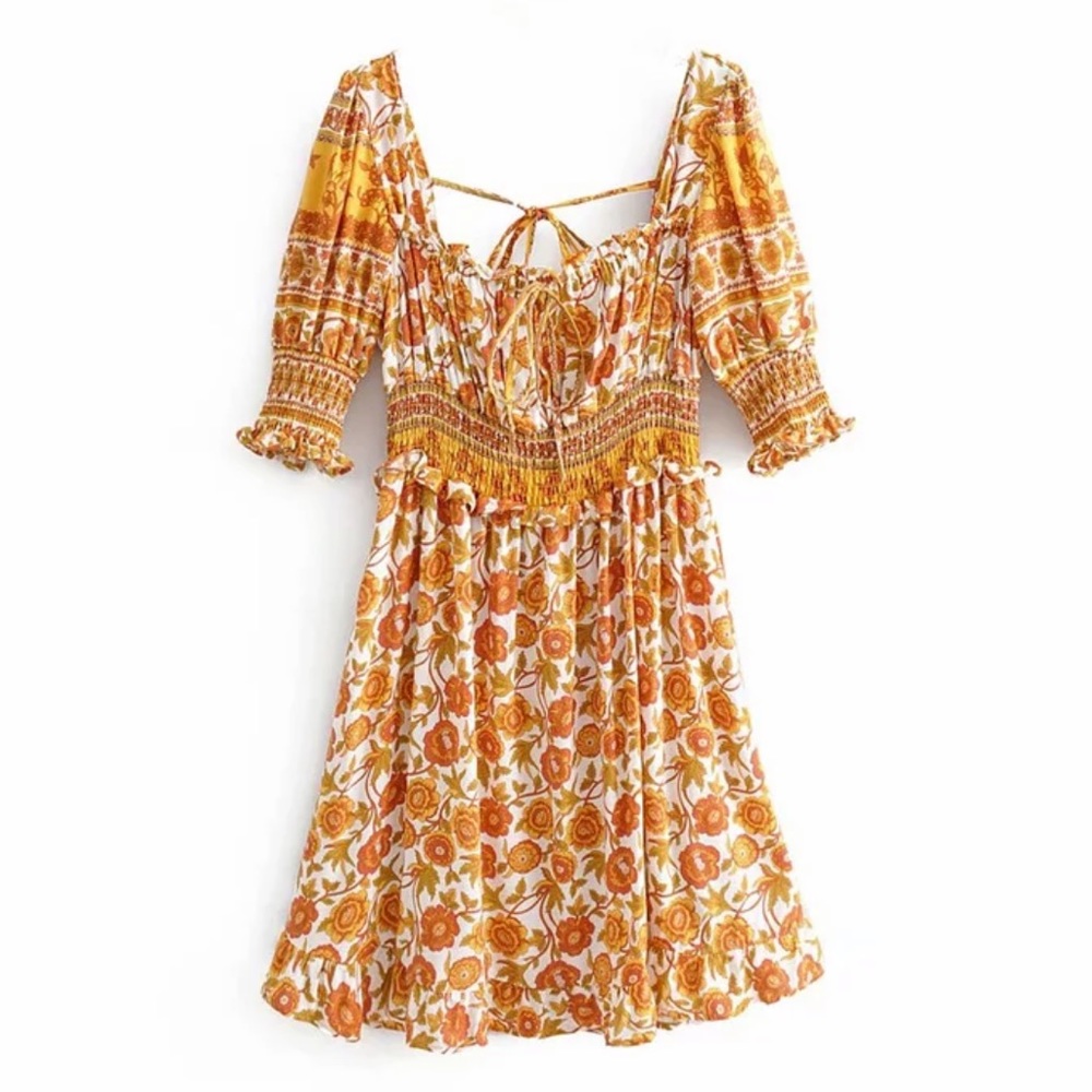 Boho Floral Gypsy Print Milkmaid Dress Yellow - Picture 5 of 11